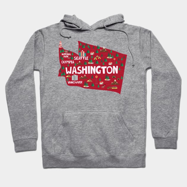 Washington State USA Illustrated Map Hoodie by JunkyDotCom